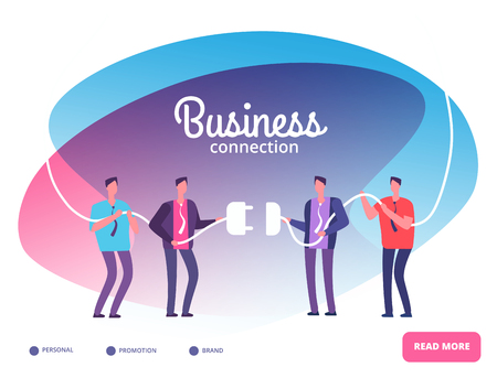 Business teams connect plug. Businessmen connecting connectors. Cooperation and team growth vector concept. Connect work team people, communication and partnership teamwork illustrationのイラスト素材