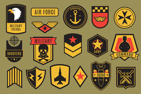 Military badges. Usa army patches. American soldier chevrons with wings and stars. Emblem vector set. Illustration of military emblem, insignia for army patchのイラスト素材