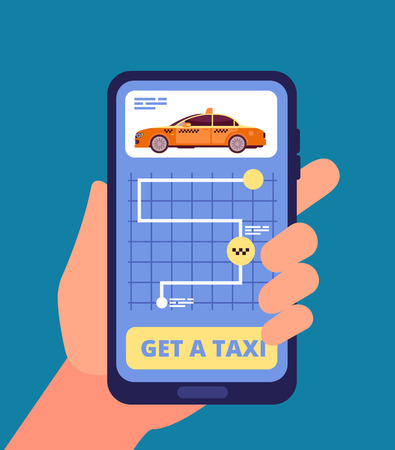 Taxi app concept. Hand holding smartphone with taxi application vector illustration. App mobile taxi service, online travel cabのイラスト素材