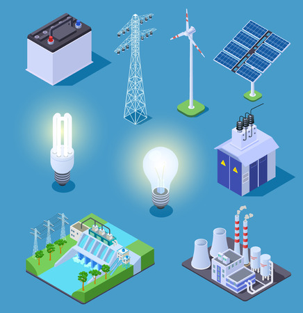 Electric power isometric icons. Energy generator, solar panels and thermal power plant, hydropower station. Electrical vector symbols. Illustration isometric solar panel, power generator and turbineのイラスト素材