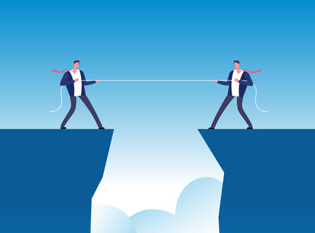 Conflict concept. Businessmen pulling rope over precipice. Business rivalry and competition vector background. Pull rope, businessman conflict business illustrationのイラスト素材
