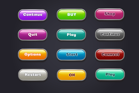 Cartoon buttons. Colorful video game ui elements. Restart and continue, start and play button set. Illustration of game web, gui button for menuの写真素材