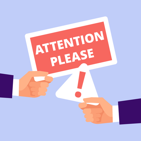 Two cartoon hands hold Attention please banner. Attention vector concept illustrationのイラスト素材