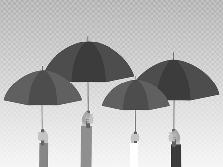 Hands holding black umbrellas isolated on transparent background. Vector illustrationのイラスト素材