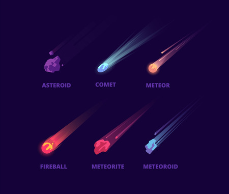 Comet asteroid and meteorite. Cartoon space objects. Atmospheric fireballs vector set. Illustration of asteroid and comet, meteor and meteoriteのイラスト素材