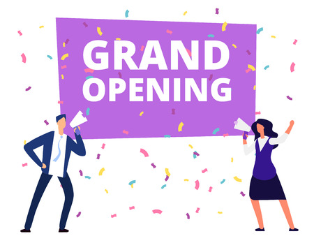 Woman and man with loudspeaker at grand opening banner and conffetti. Vector illustration. Grand opening promotion announcementのイラスト素材