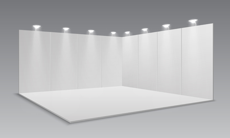 Blank display exhibition stand. White empty panels, promotional advertising stand. Presentation event room 3d template. Vector exhibition and framework, area floor with light lamp illustrationのイラスト素材