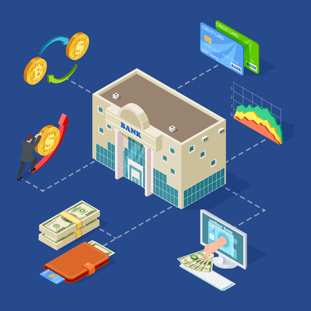 Banking isometric vector concept with bank building, coins, online services. Illustration of business bank, banking money payment, online investment depositのイラスト素材