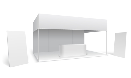 Exhibition trade stand. White empty event marketing booth. Promotion stand with display and standing banners 3d vector mockup. Presentation and exhibition, promotion booth illustrationのイラスト素材