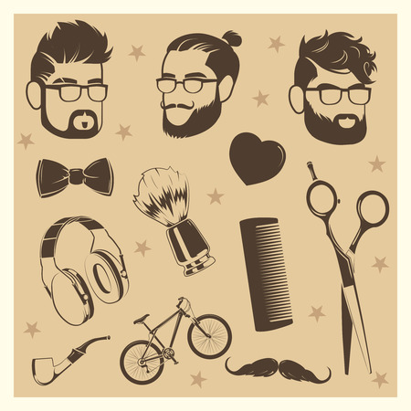 Vector hipster elements set - male heads, scissors, bow tie, bicycle illustrationの写真素材