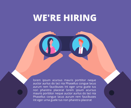 We are hiring concept. Businessman, recruiter hands holding binocular with employees in lenses. Recruiting vector poster, looking in binocular and watch woman and man illustrationのイラスト素材