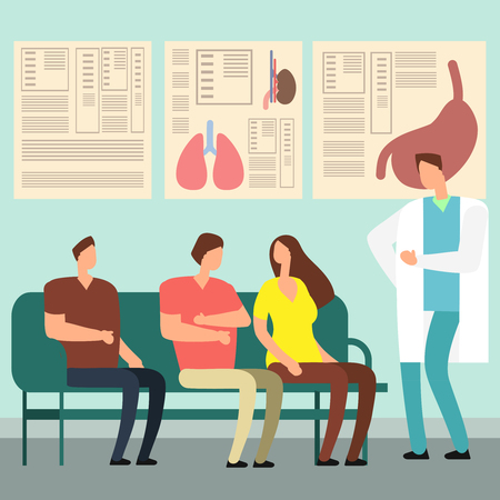 Healthcare vector concept - patients and doctor in hospital waiting room. Disabled people at doctors office. Illustration of patient waiting doctor, hospital corridor and lobbyのイラスト素材