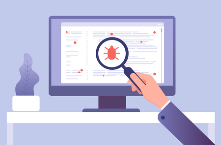 Computer virus concept. Hand with magnifying glass testing software. Bug virus icon on computer screen. Vector illustration. Search bug and virus, magnifier glass in handのイラスト素材