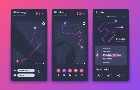 Navigation map mobile app. Taxi gps tracker smartphone interface. Online road tracking application...