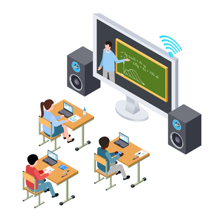 Online education vector concept. International students and teacher on the screen. Illustration of education with computer onlineのイラスト素材
