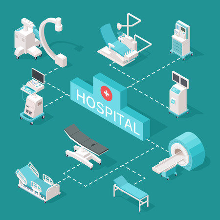 Medical equipments isometric vector illustration. Medical equipment isometric, hospital x-ray and mriのイラスト素材
