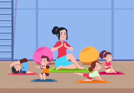 Kids in yoga class. Cartoon children with instructor doing yoga exercises in gym interior. Healthy lifestyle vector concept. Illustration of yoga exercise kids classのイラスト素材