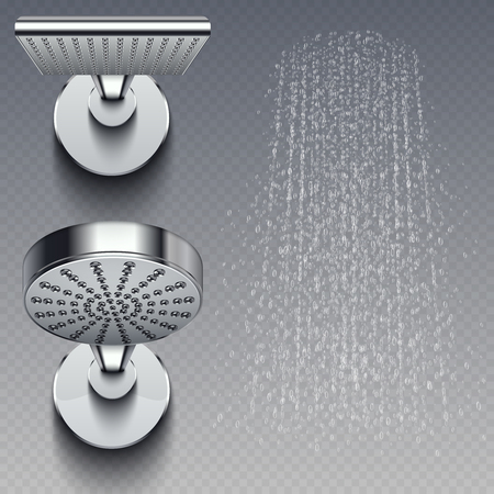 Realistic shower metal heads and trickles of water vector illustration isolated on transparent background. Shower for bathroom, head chrome realisticのイラスト素材