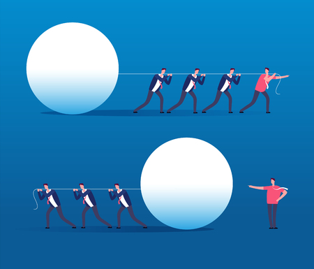 Leader vs boss. Employees management, and successful manager, leadership and teamwork vector concept. Illustration of leadership and employee, manager team workの写真素材