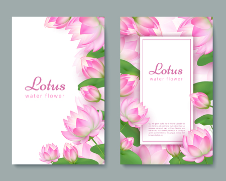 Wedding card with pink lotus. Water flower blossom greeting card. Healing garden lotuses floral background. Banner and card, poster with floral flower blossom. Vector illustrationのイラスト素材