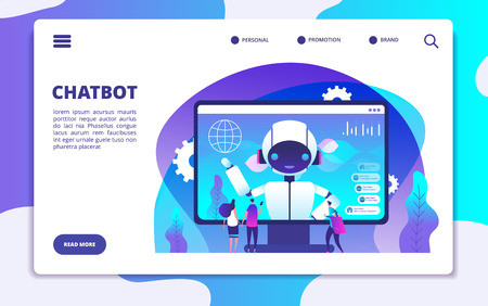 Chatbot landing page. Ai robot chatting with woman and man. Artificial intelligence presentation vector concept. Illustration of page support with chatbot, chatterbot chatting, robot helplineのイラスト素材