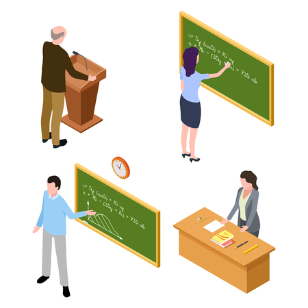 Teacher and lecturer characters isolated on white background. Man and woman professor lecturer illustrationのイラスト素材