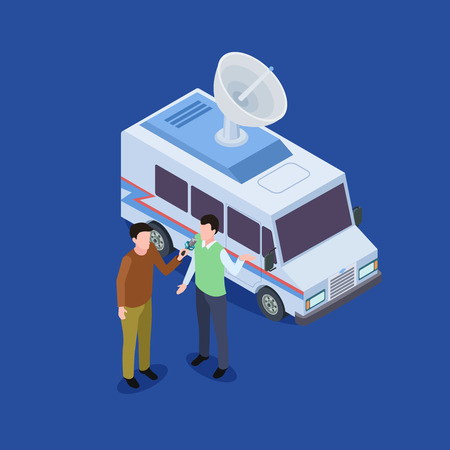 Man gives interview to journalist isometric vector. Illustration of tv media, press journalist with microphoneのイラスト素材