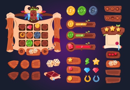 Cartoon game ui. Wooden buttons, sliders and icons. Interface for 2d games, app gui vector design. Game wood interface, gui application panel illustrationのイラスト素材