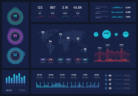 Infographic template. Dashboard, ui interface, finance graphs, pie chart and column diagrams. Analytical vector infographics. Illustration infochart presentation, analytic workflow, world map analysisのイラスト素材