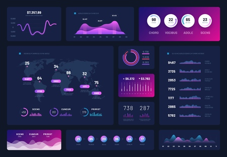 Data dashboard. Modern infographic ui interface, admin panel with graphs, chart and diagrams. Analytical vector report. Illustration of diagram analysis, interface dashboard with data infographicのイラスト素材