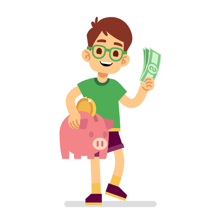 Boy saves money with piggy bank vector illustration. Piggy money, boy with cashのイラスト素材