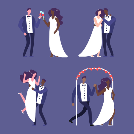 Interracial marriage, wedding couples vector characters. Couple marriage, love husband and bride illustrationのイラスト素材