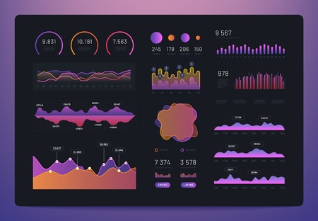 Infographic dashboard. Trading platform with statistics graphs intelligence tech charts, futuristic panel. Hud ui vector display. Illustration of graph analysis ui, infographic chart tradingのイラスト素材