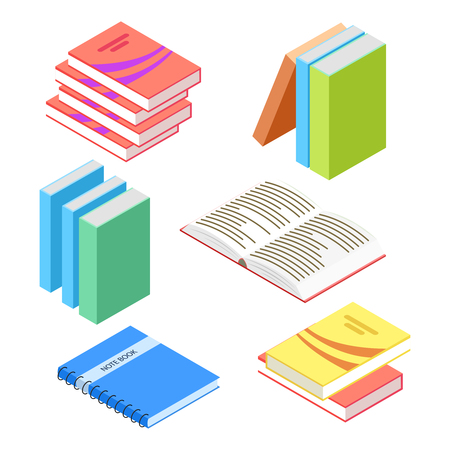 Isometric books and notepad isolated on white background. Education isometric book, 3d stack. Vector illustrationのイラスト素材