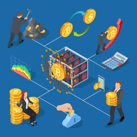 Ico and blockchain isometric icons. Bitcoin mining and cryptocurrency exchange vector illustration. Mining bitcoin and crypto exchangeのイラスト素材