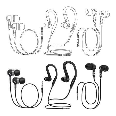 Outline and realistic earphones vector isolated on white background. Illustration of headphone for musicのイラスト素材