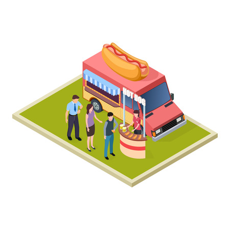 Promo hot dog and beer tasting and fast food truck isometric vector illustration. Hot dog and beer degustation and promotionのイラスト素材