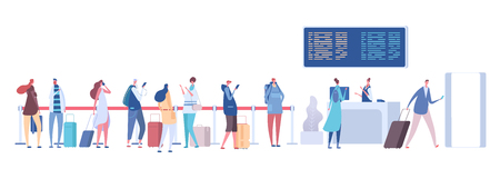 People in airport queue. Passengers baggage in line, check in registration in terminal. Airport arrival departure vector concept. Queue to check flight, people with luggage and baggage illustrationのイラスト素材