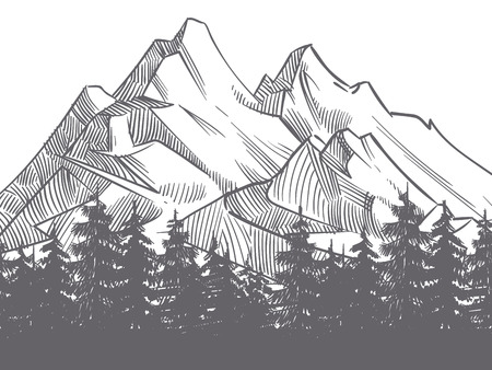 Hand drawn nature landscape with mountains and fores silhouette. Mountain landscape and adventure outdoor travel illustrationのイラスト素材