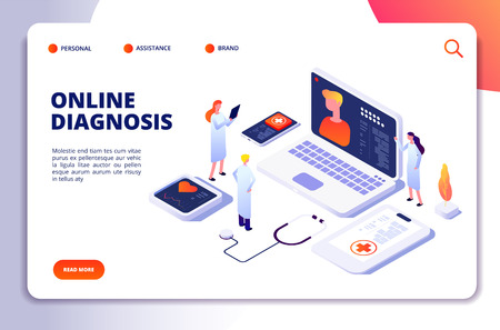 Medical isometric concept. Diagnosis with online patient and doctor, tele medicine exam. Healthcare vector landing page. Illustration of medical diagnosis online, medicine doctor serviceのイラスト素材