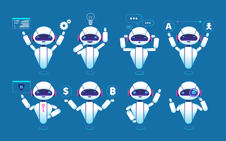 Chatbot character. Cute robot online chat robot in different poses. Chatterbot vector isolated set. Virtual robot and chatterbot, chatbot online service illustrationのイラスト素材