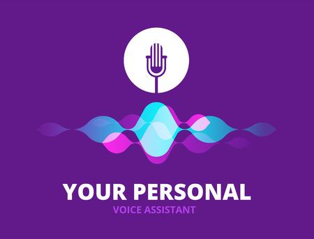 Personal voice assistant. Sound recognition concept with soundwave and microphone icon. Intelligent technology vector background. Voice sound, soundwave and microphone, personal assistant illustrationのイラスト素材