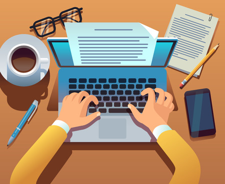 Writer writes document. Journalist create storytelling with laptop. Hands typing on computer keyboard. Story writing vector concept. Illustration of journalist write bloggingのイラスト素材