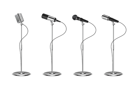 Microphone set. Standing microphones audio equipment. Concept and karaoke music mics vector isolated collection. Illustration of sound equipment mic, microphone for recordのイラスト素材