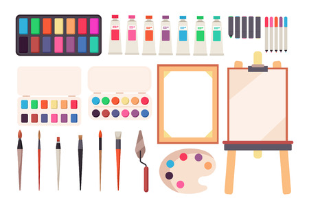 Painting tools. Cartoon paintbrush and canvas, easel and paints. Watercolor palette. Artistic vector set of easel and paint for drawing illustrationのイラスト素材