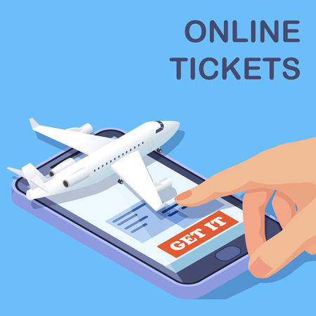 Airline online tickets mobile app isometric vector concept. Illustration of online buy tickets to airplaneのイラスト素材