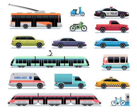 City transport. Cartoon car, bus and truck, tram. Train, trolleybus and scooter. Urban vehicle vector transportation collection. Illustration of transport bus and tram, ambulance machineのイラスト素材
