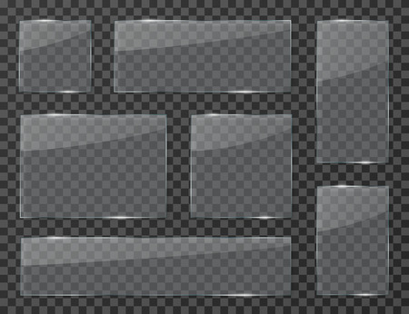 Glass transparent banners. Clear window glass with reflection. Plastic badges or plates with transparency vector isolated set. Empty glass shape, square plastic frame illustrationのイラスト素材