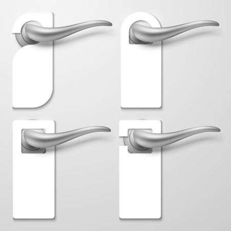 Realistic hotel door handles with white blank plastic hangers vector illustration. Handle door hotel room, warning tag for textのイラスト素材