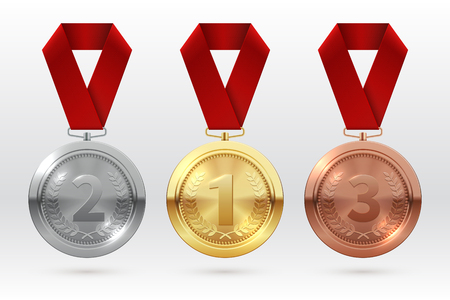 Sports medals. Golden silver bronze medal with red ribbon. Champion winner awards of honor vector isolated template. Illustration of championship trophy, champion medal of setのイラスト素材